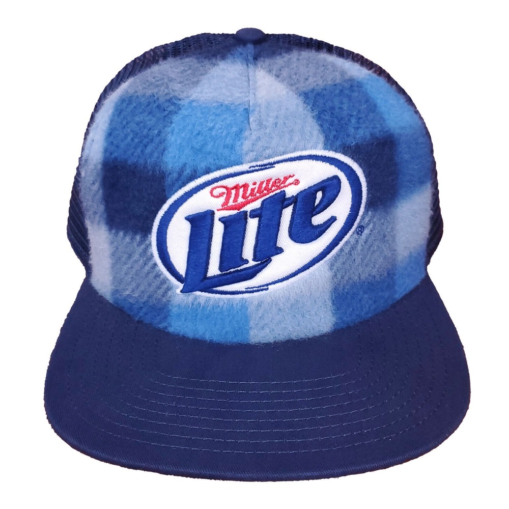 Miller Lite Beer Trucker Hat Snapback‎ Cap 3D Logo Navy Blue Plaid Fabric New